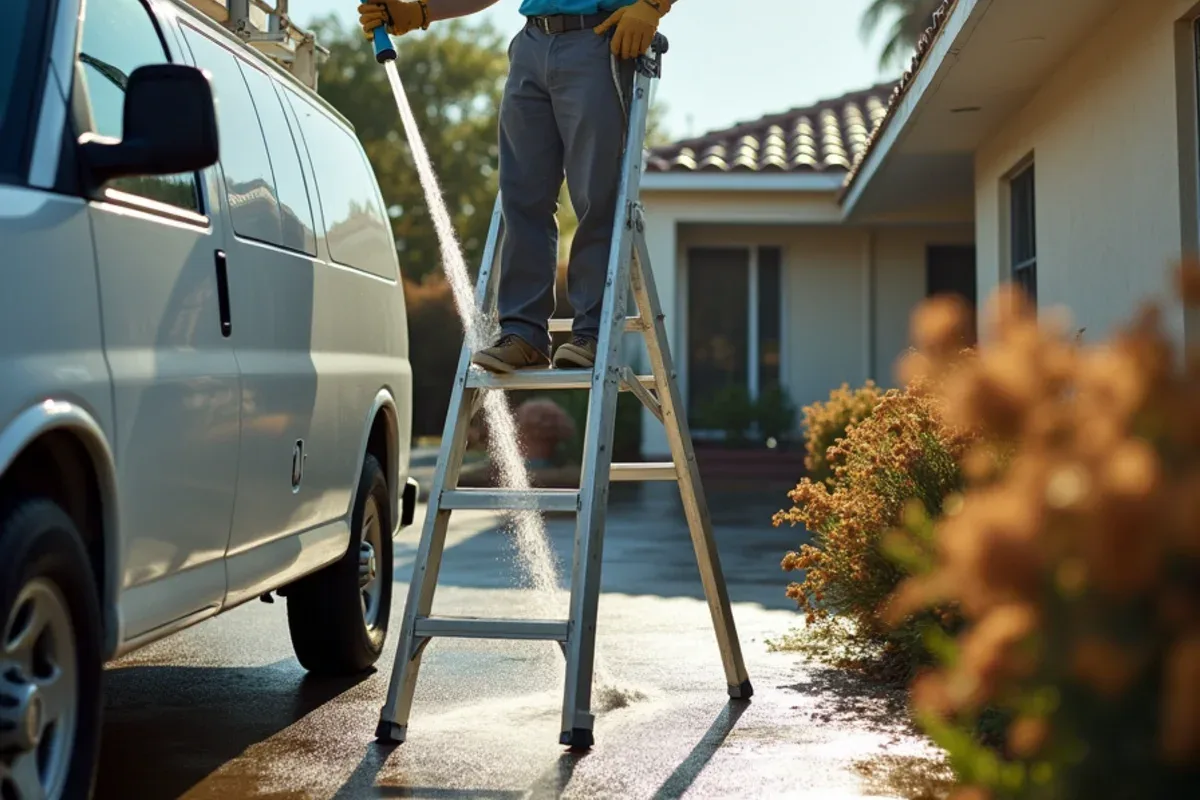 Gutter technician flushing a cleaned gutter with a hose to test downspout flow and pitch