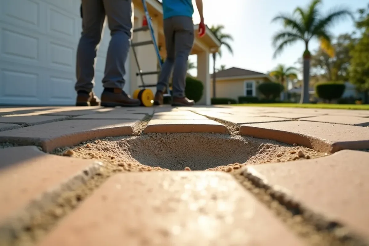 Paver driveway dipping in a bowl shape right below a downspout outlet