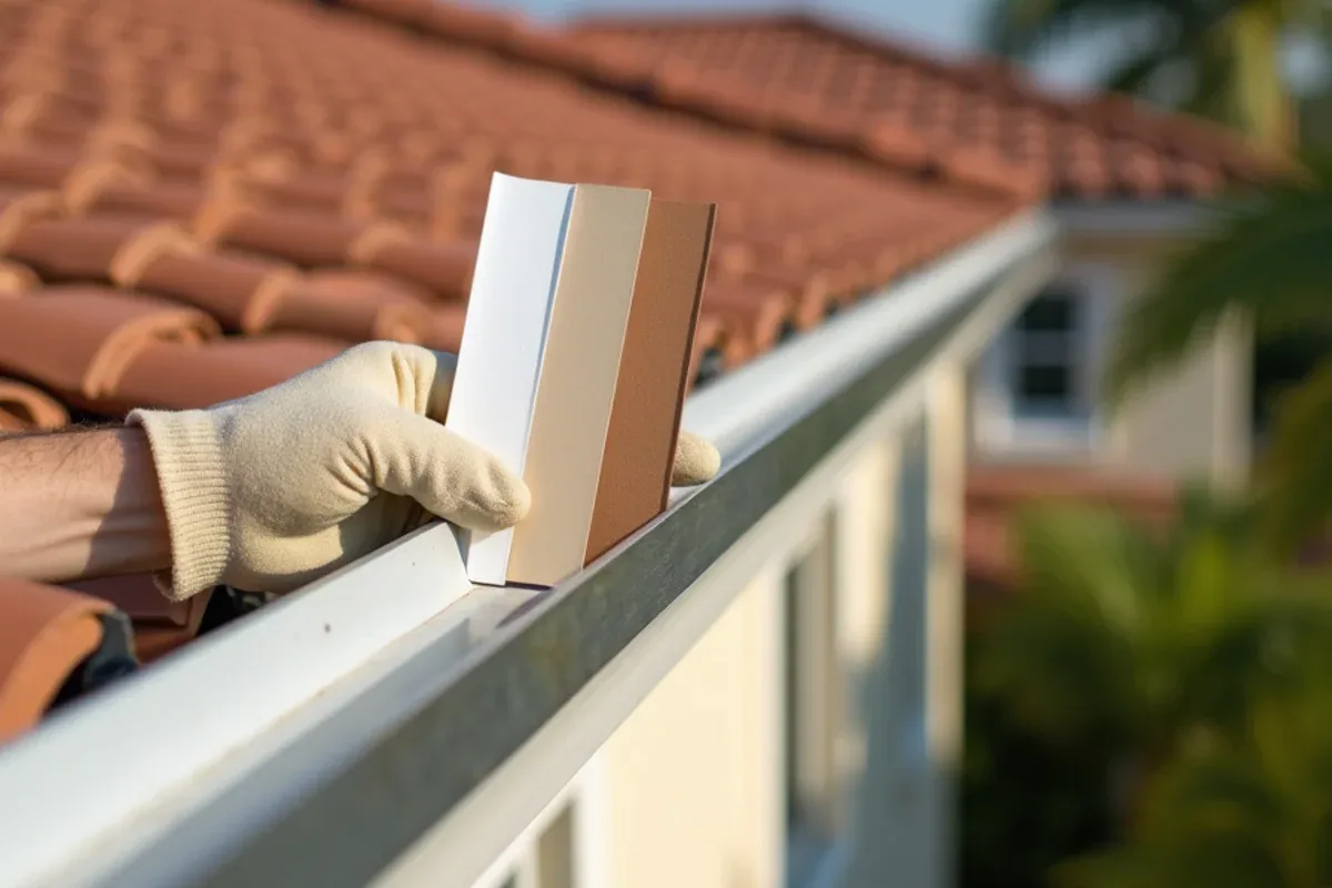 Painted aluminum gutter color samples held against a stucco home's fascia for HOA matching