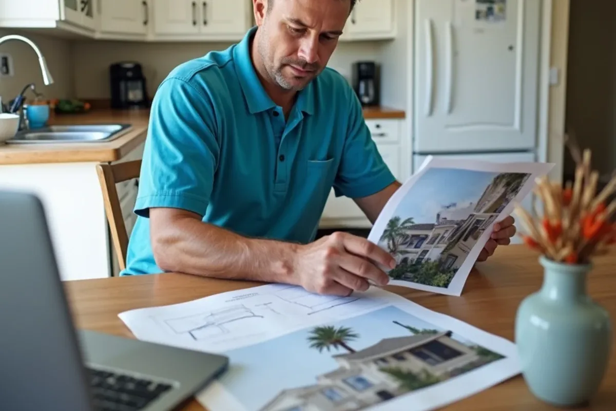 Homeowner arranging house photos, a site sketch and color sample for an architectural review