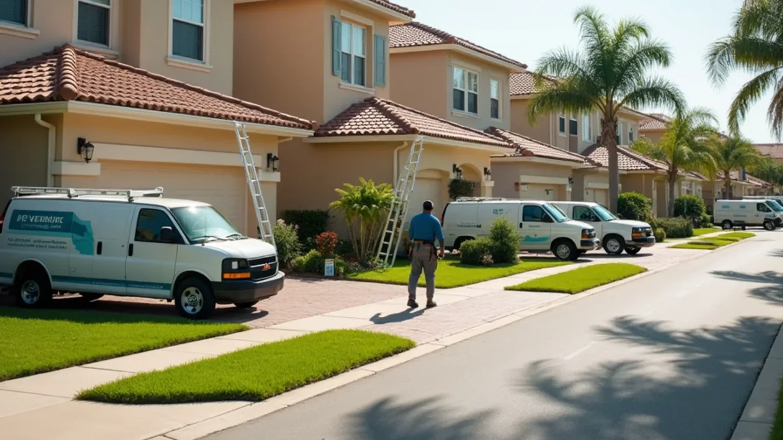 Row of matching tile-roof homes in a planned community with color-matched gutters