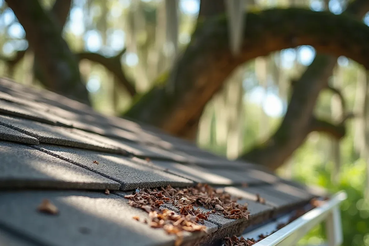 Live oak branches hanging over a shingle roof edge and leaf-packed gutter in Broward