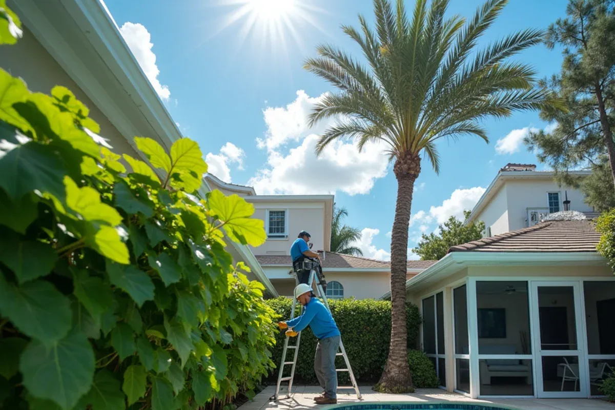 Tall sea grape hedge dropping round leaves into the gutter above a screened pool lanai