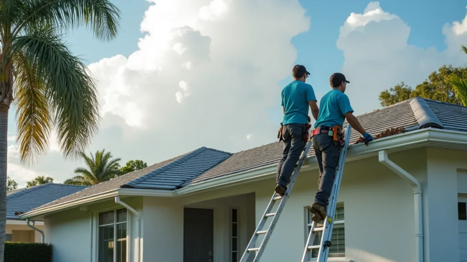 Single-story South Florida home with palms and a full gutter awaiting its seasonal cleaning