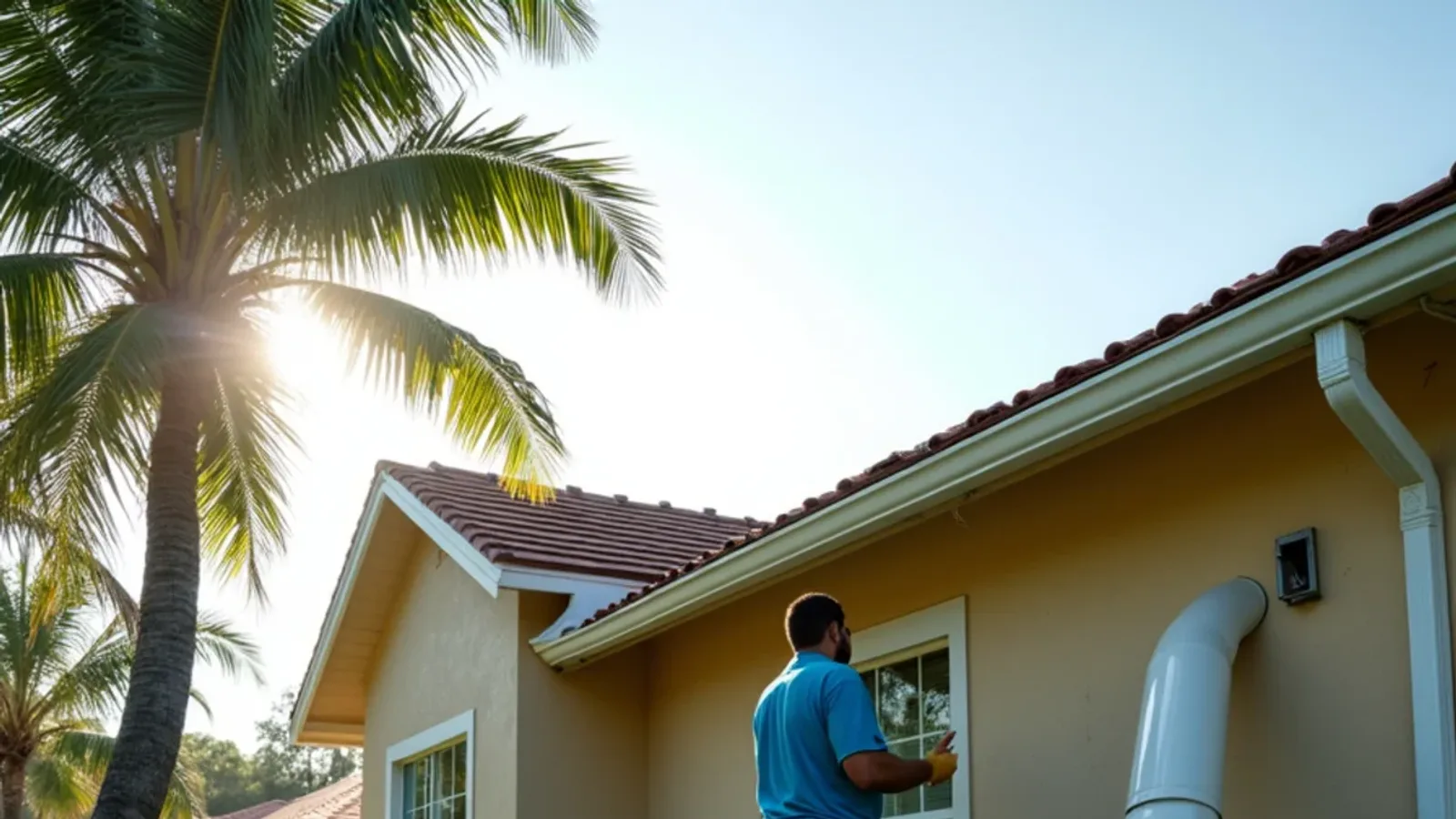 Bent and partly detached aluminum gutter hanging from a stucco home eave after a hurricane