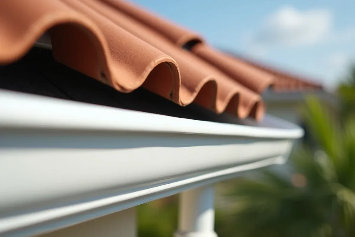 Barrel tile roof edge, metal drip edge and seamless gutter on a Broward home in the HVHZ