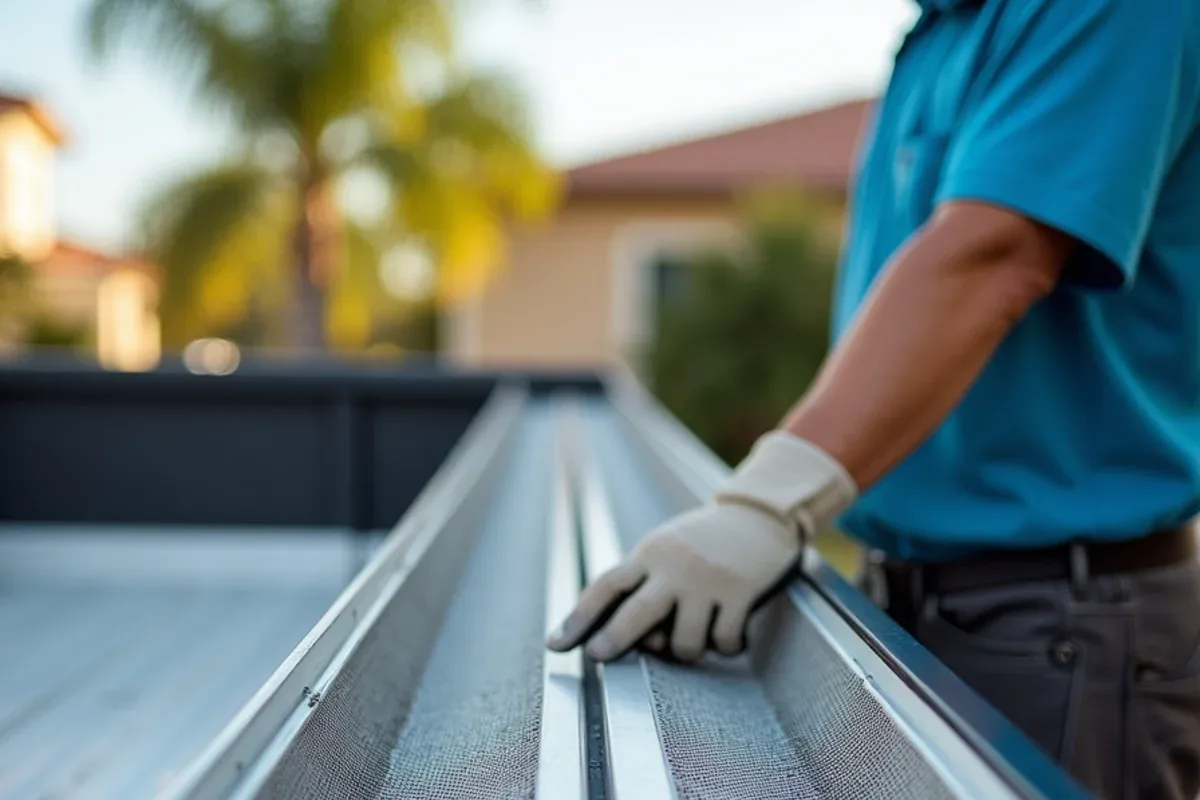 Sample pieces of micro-mesh guard and perforated aluminum gutter screen on a tailgate