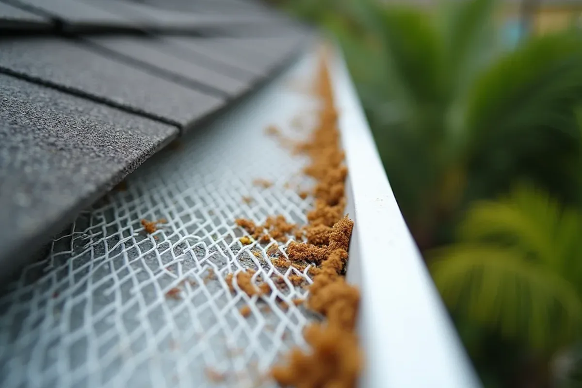 Live oak tassels laced through the diamond openings of an expanded aluminum gutter screen