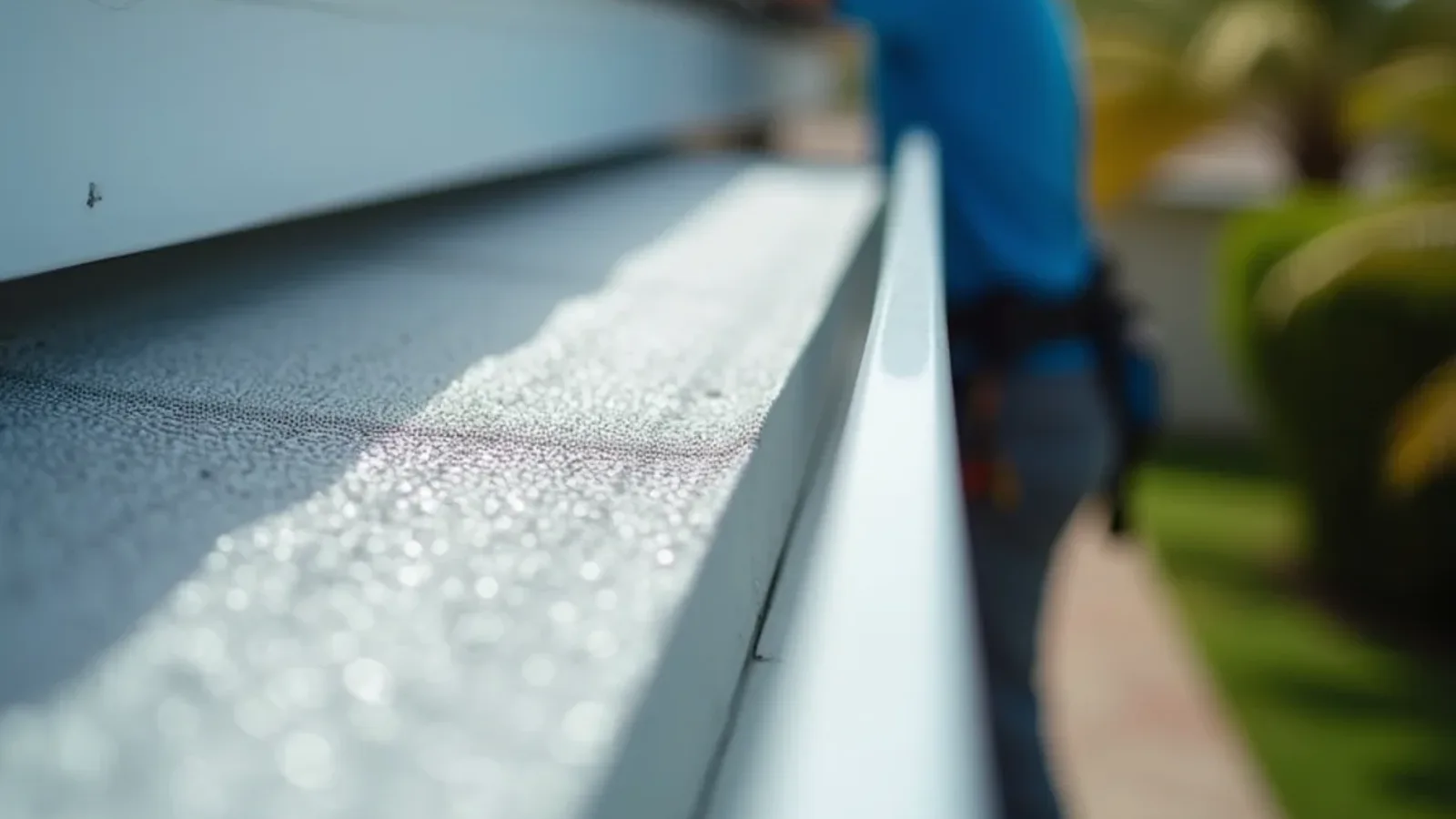 Stainless micro-mesh guard and perforated aluminum screen installed on adjoining gutter runs