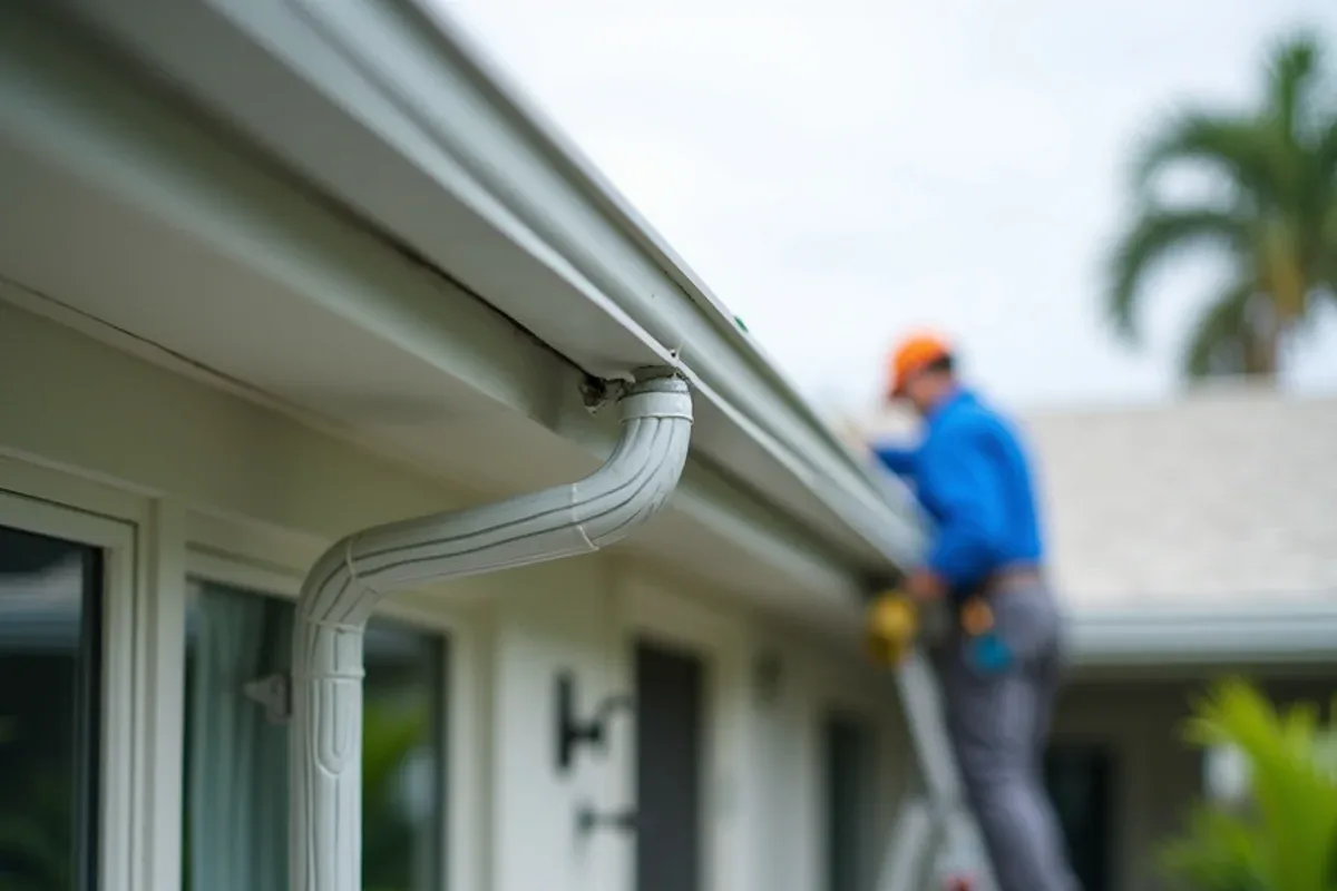 Seamless gutter fastened along the low aluminum roof edge of a Florida room