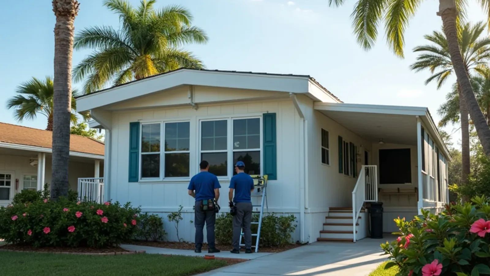 Manufactured home in a South Florida 55+ park with new white seamless gutters
