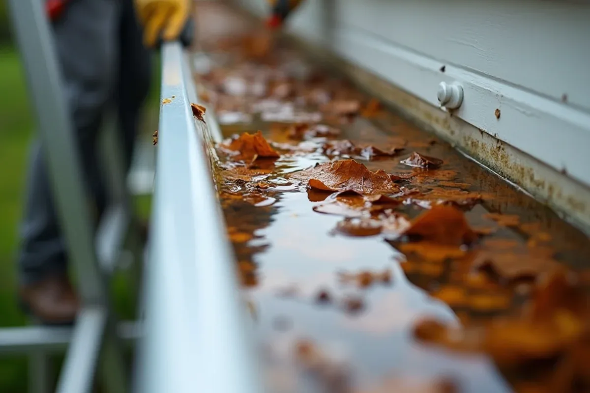 Pool of standing rainwater trapped behind a leaf dam in a residential gutter trough