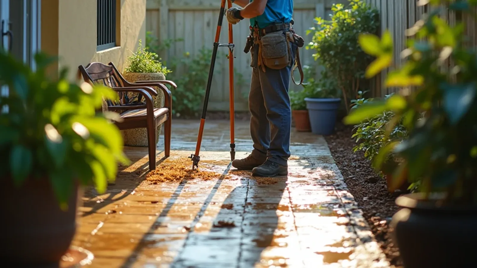 Shaded backyard patio under a roof edge where a clogged gutter holds rainwater