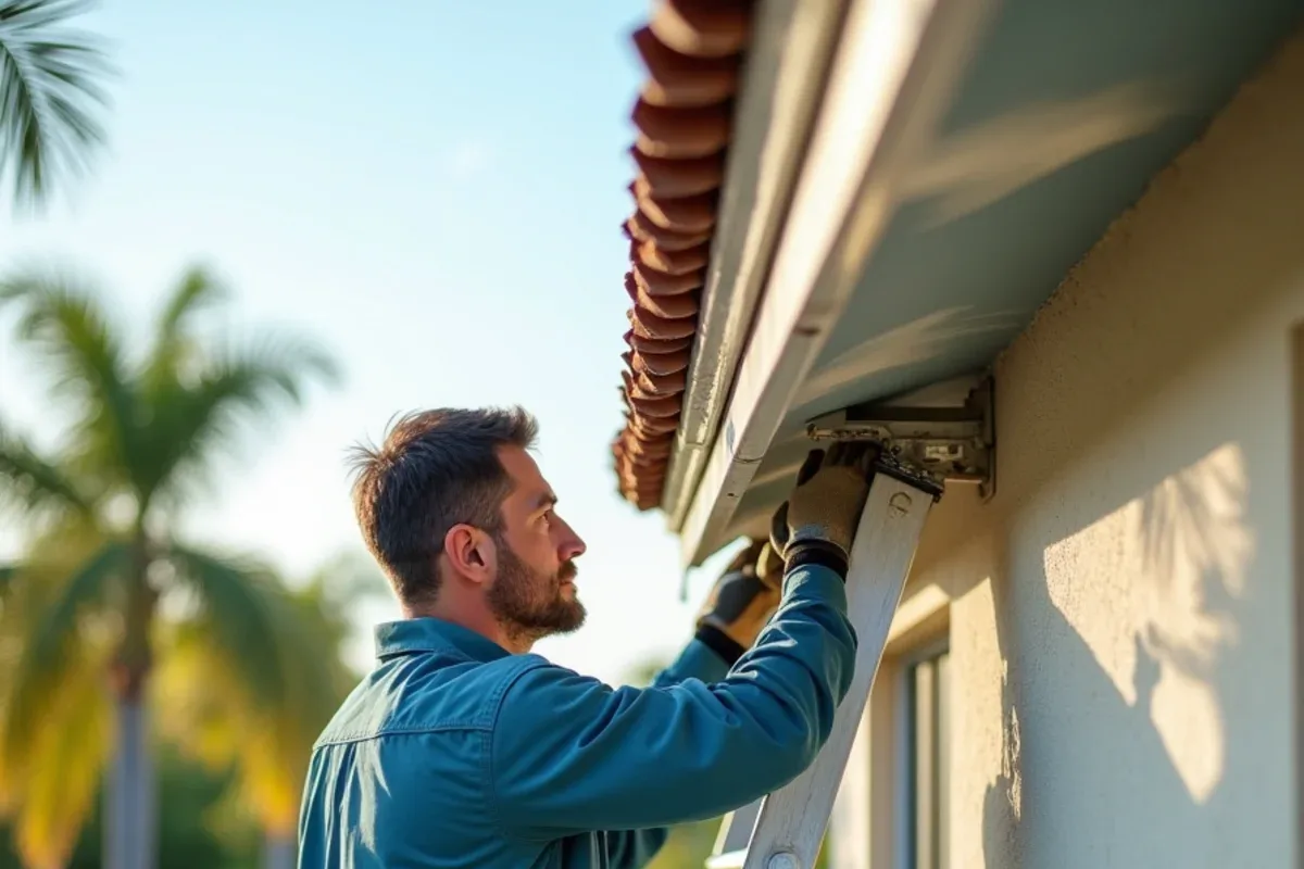 Technician adding a lower strap to a tall downspout on a two-story stucco home before storm season