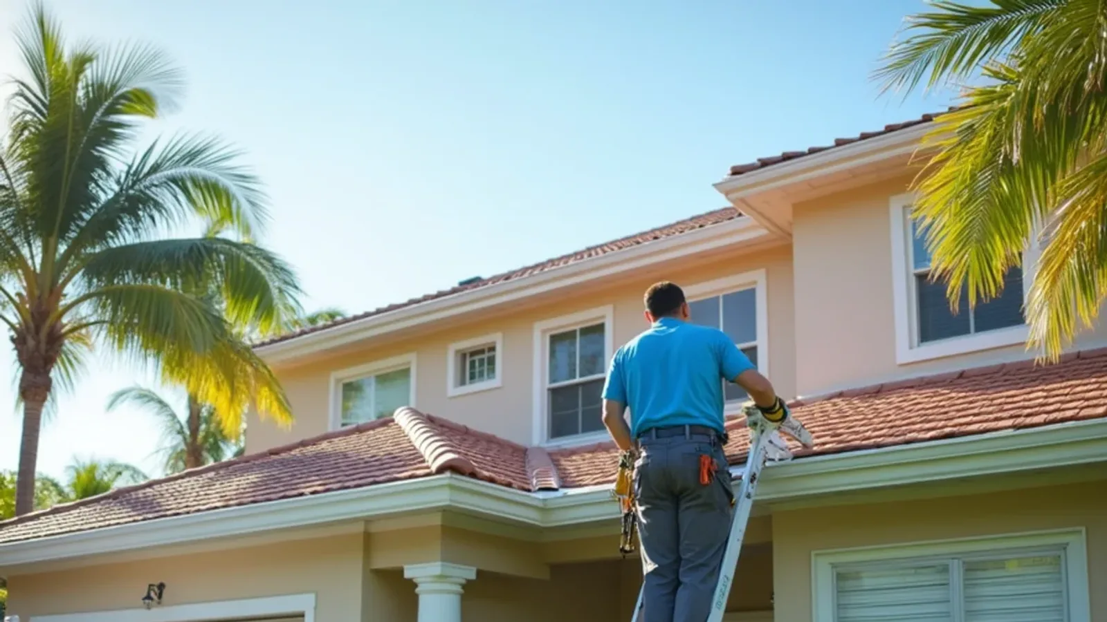 Technician checking gutter hangers on a tile-roof South Florida home before hurricane season