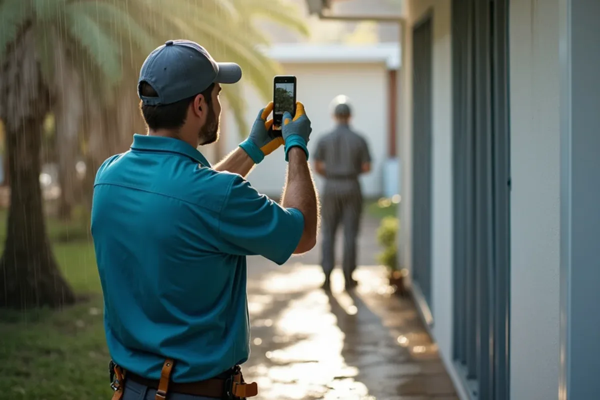 Person holding a phone to record a gutter overflowing at a rental home corner