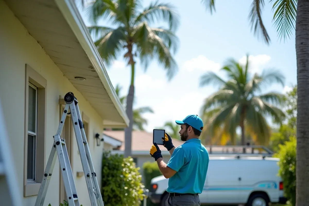 Field technician photographing a bent gutter section on a rental after a storm