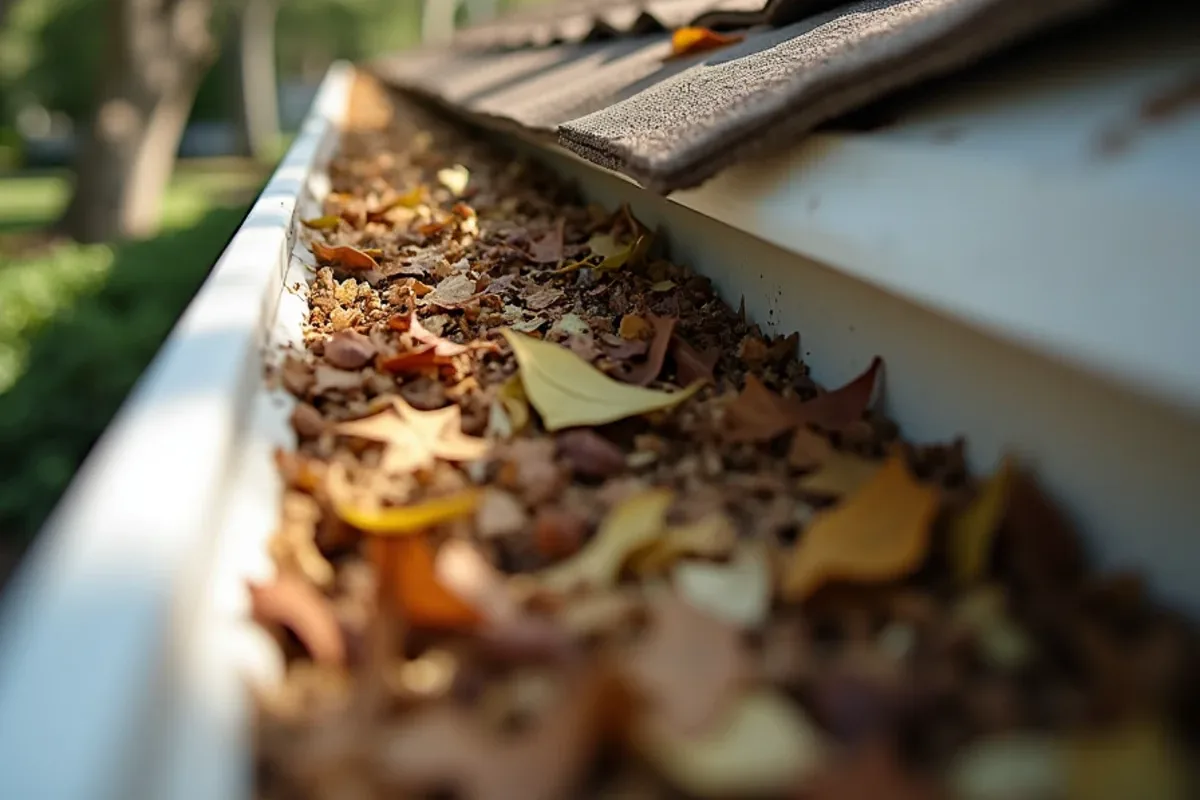 Gutter packed with live oak tassels and black olive leaves after spring leaf drop