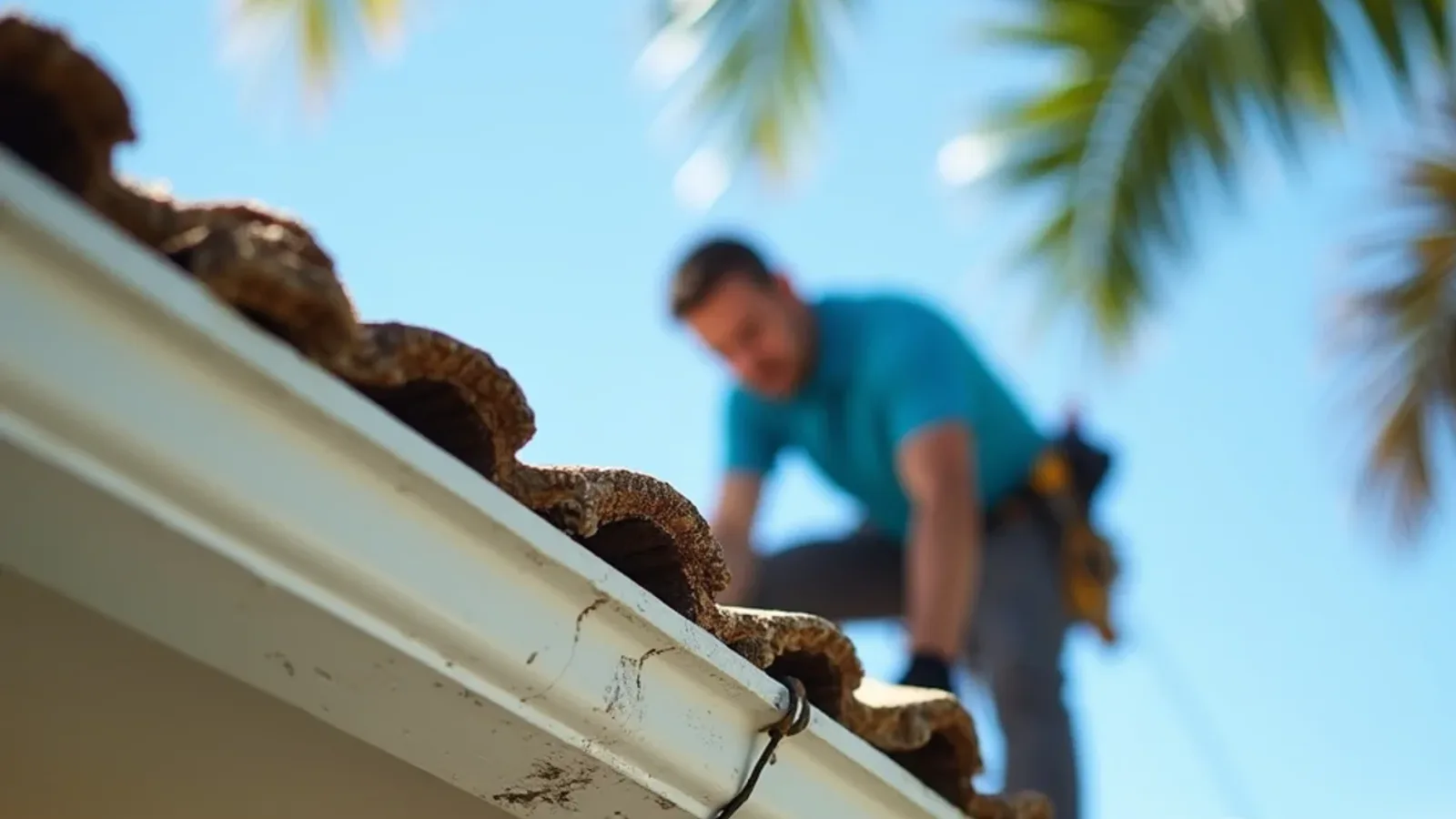 Gutter pulling away from a rotted wood fascia board on an older Florida home
