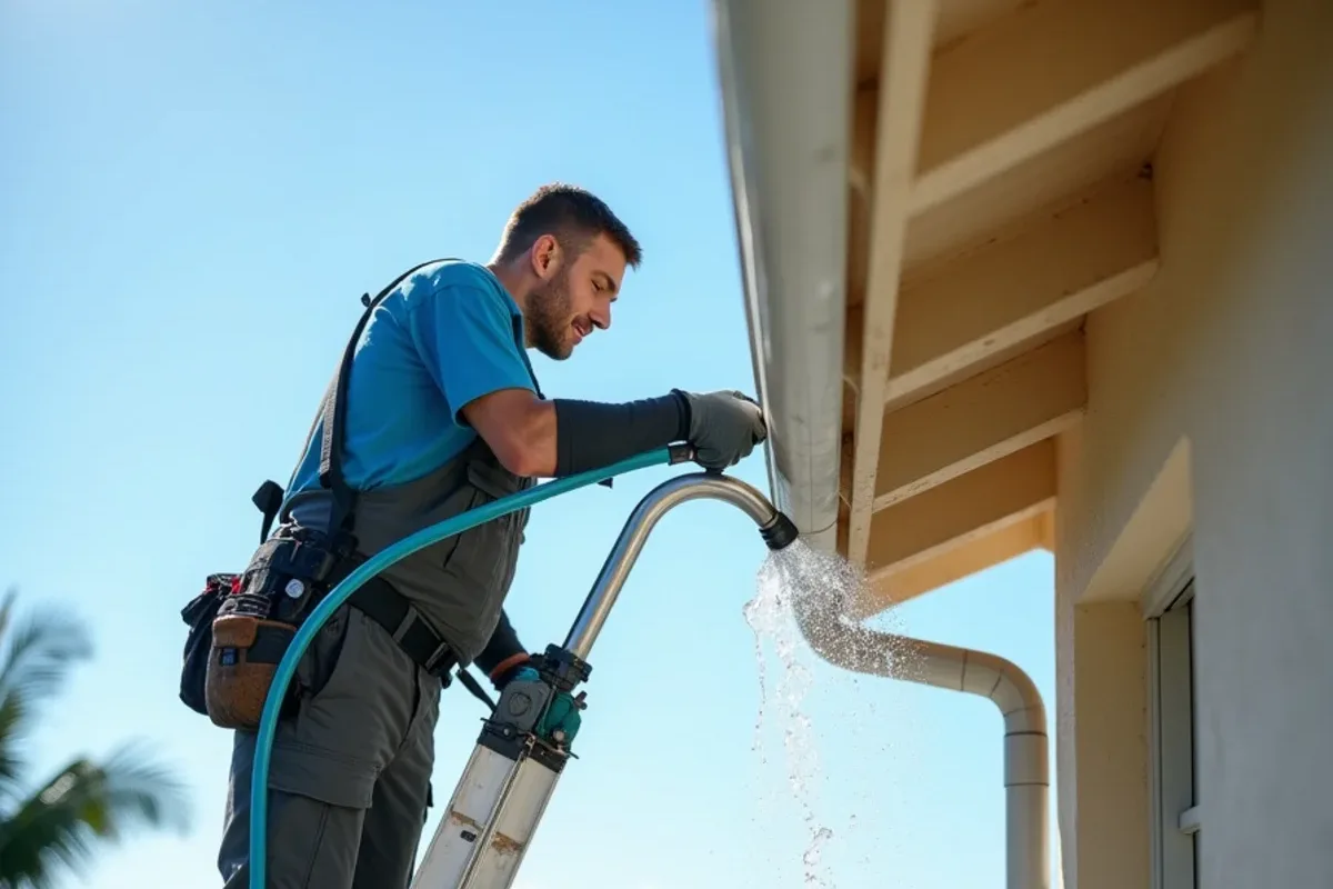 Garden hose rinsing salt residue from a sheltered gutter section beneath a coastal balcony