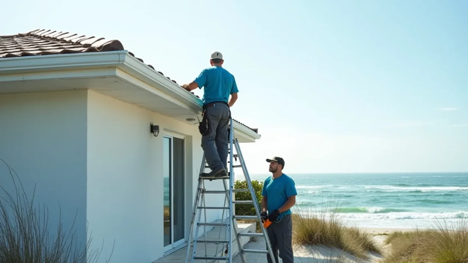 White seamless gutters on a two-story oceanfront home facing sea grape and dunes