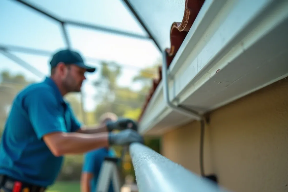 Extruded super gutter on a house fascia supporting the roof beams of a screened pool cage