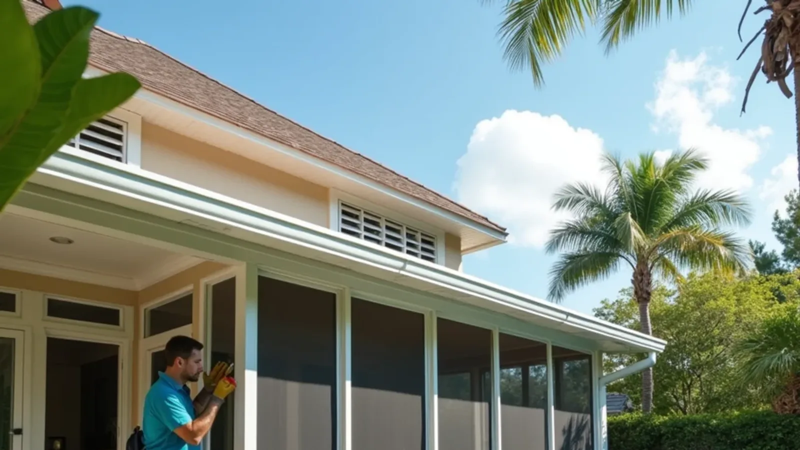 Backyard pool cage attached to a tile-roof home with a gutter along the enclosure line