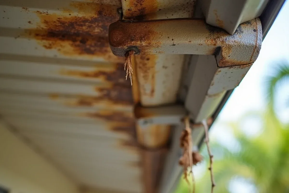 Brown water rings and peeling paint on a soffit beneath a clogged gutter