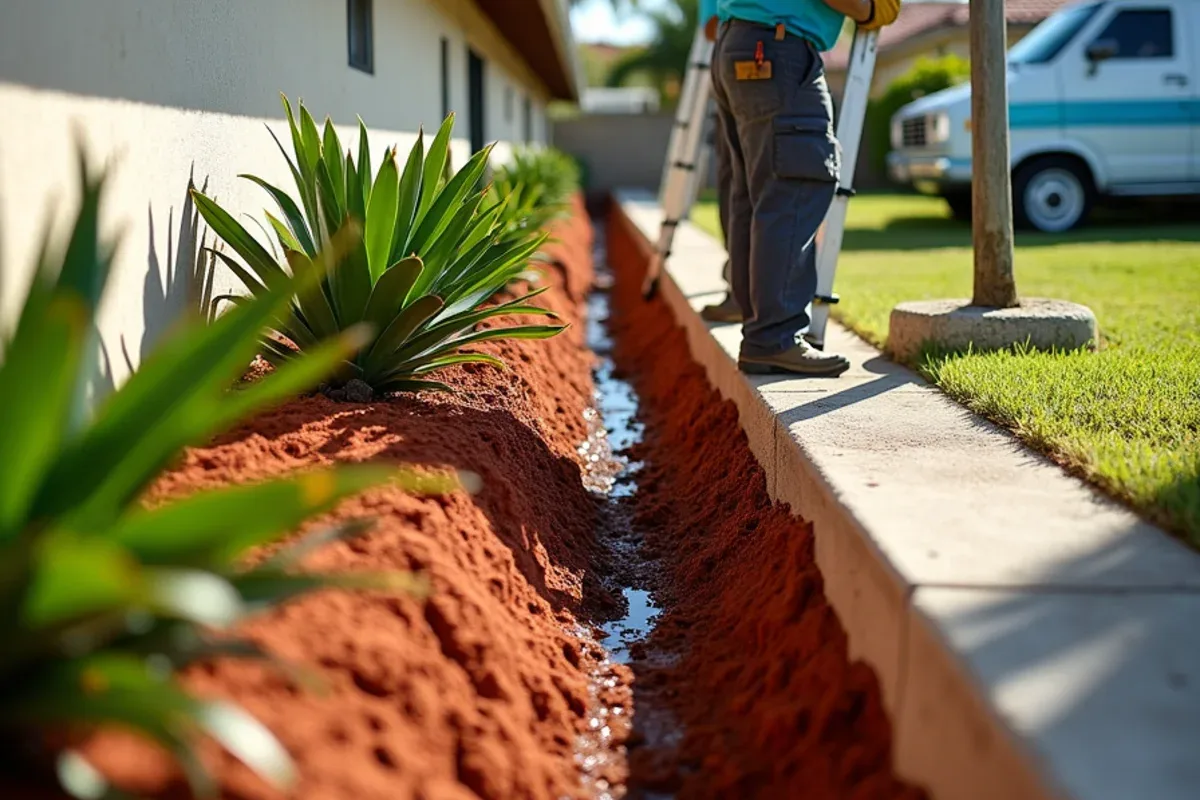 Shallow trench in red mulch with soil splashed up a stucco wall below the eave