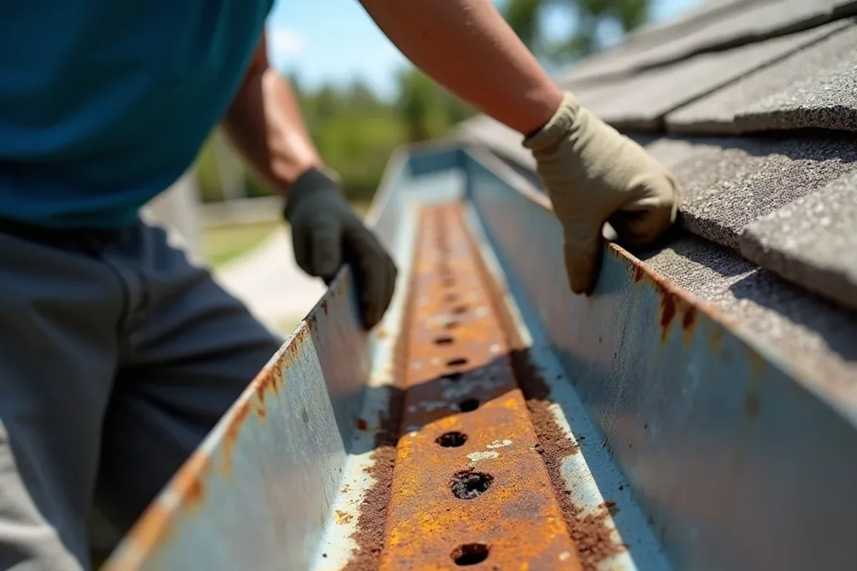 Rusted galvanized steel gutter with pinholes and orange streaks on an older Florida home