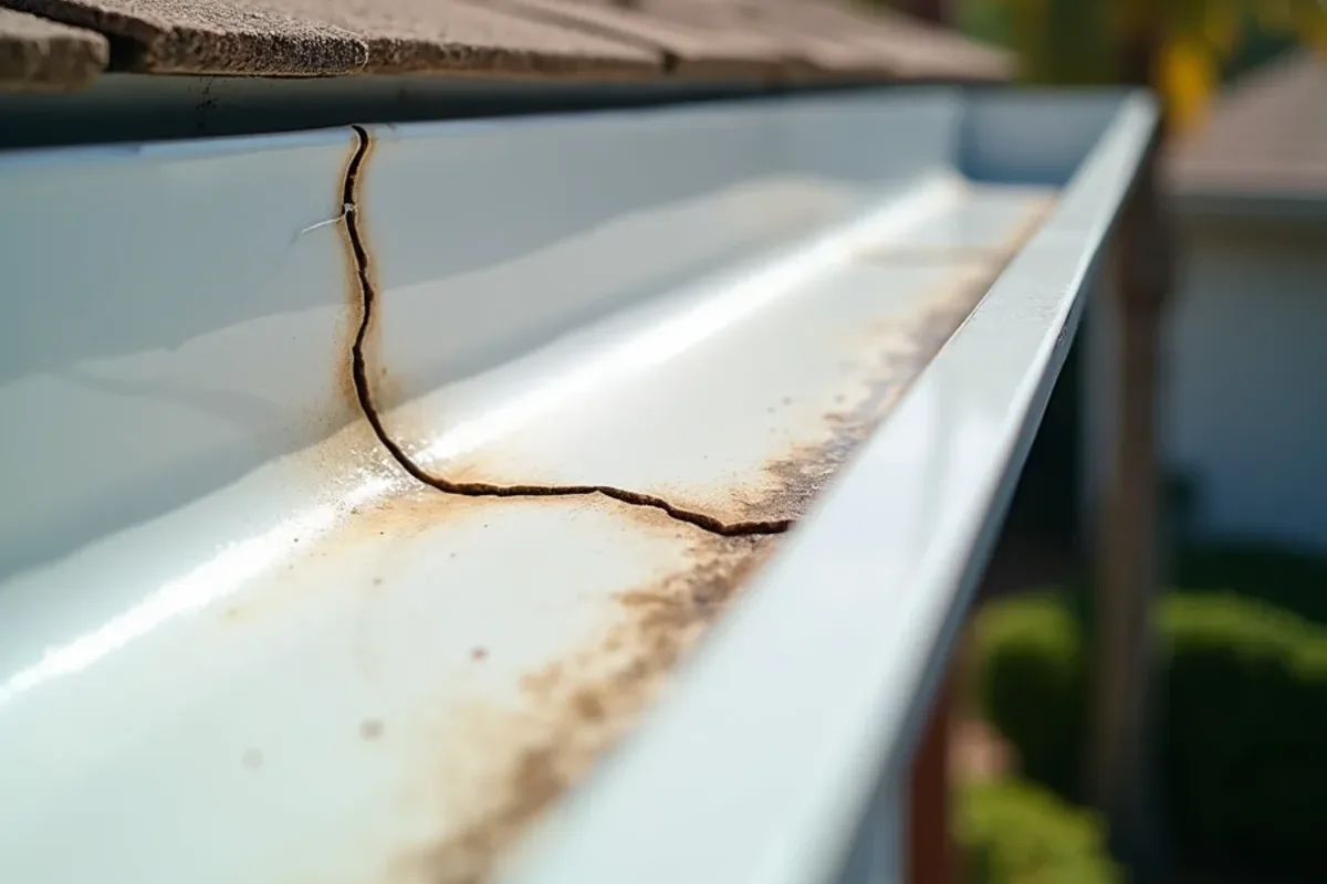 Sun-faded vinyl gutter with a jagged crack splitting the bottom of the trough