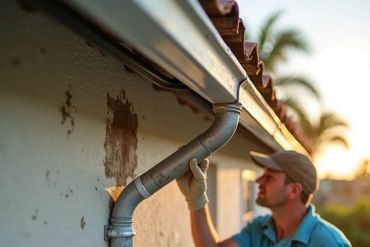 Older gutter run patched with mismatched sections, tape and an added downspout