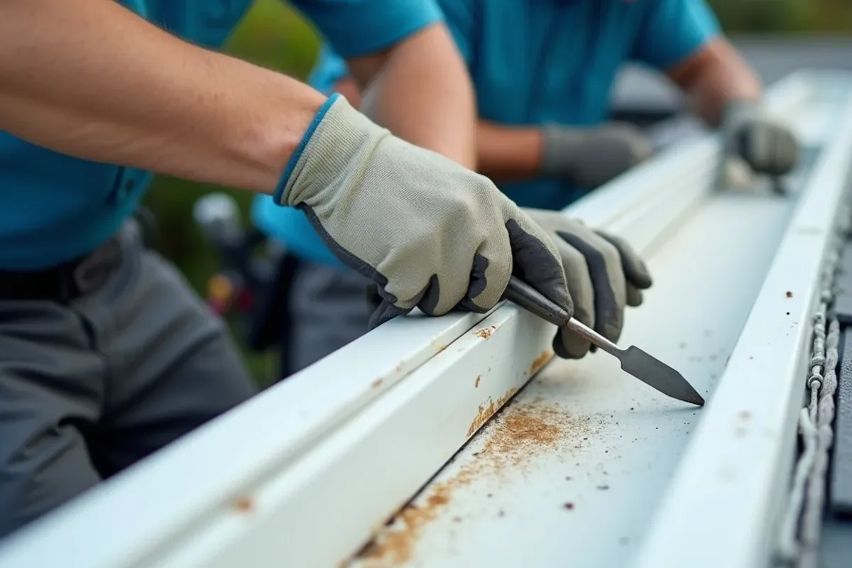 Awl sinking into soft painted fascia beside a leaking gutter corner miter