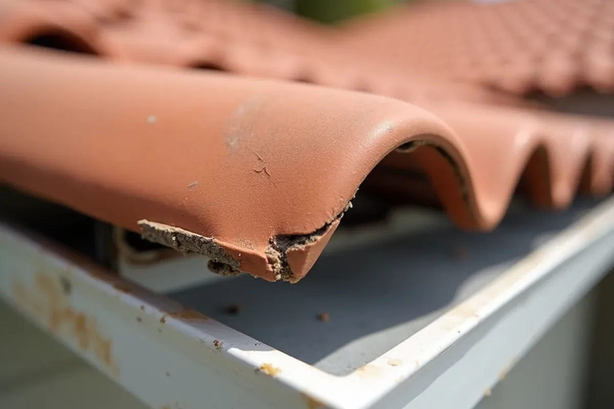 Cracked terracotta barrel tile near the eave above a gutter on a tile roof