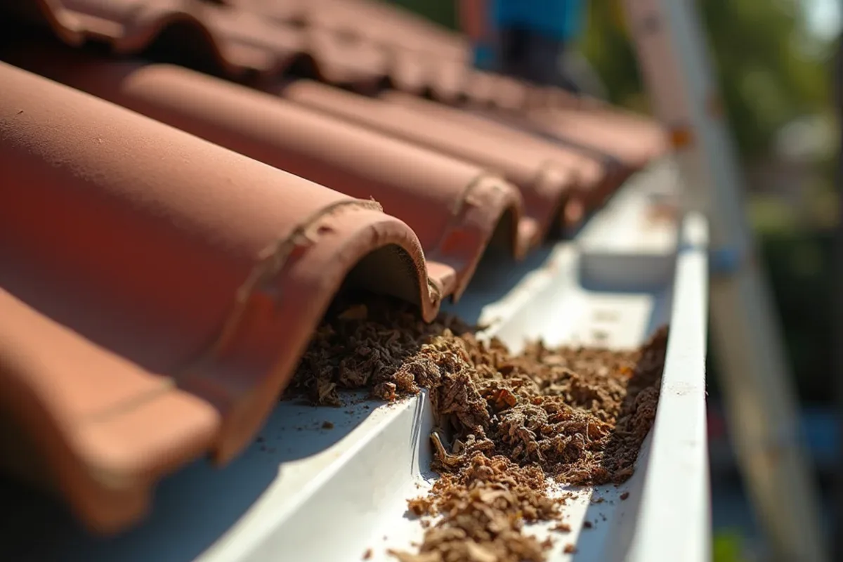 Leaves and palm debris piled in a barrel tile roof valley above the gutter