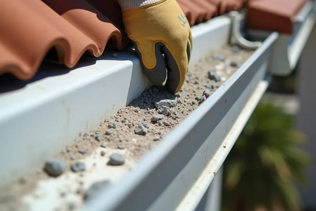 Weathered mortar chunks and sand from a tile eave closure sitting in a gutter outlet