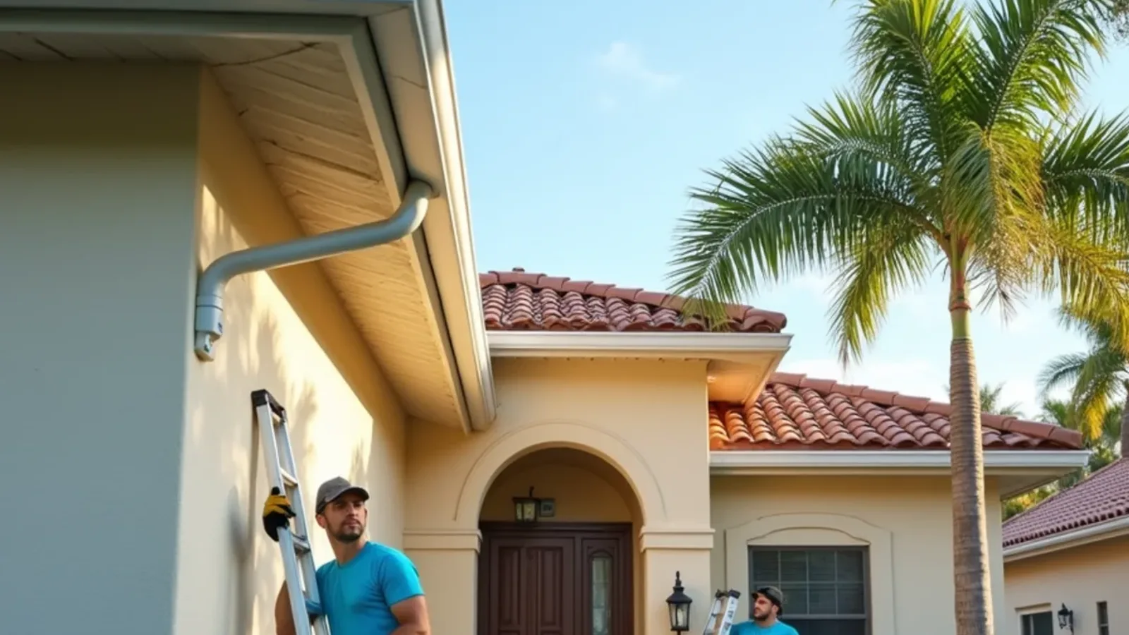 Terracotta barrel tile roof edge above a white gutter on a Mediterranean-style home