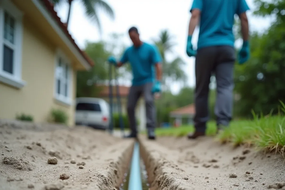 Shallow drainage trench in sandy soil with groundwater seeping into the bottom