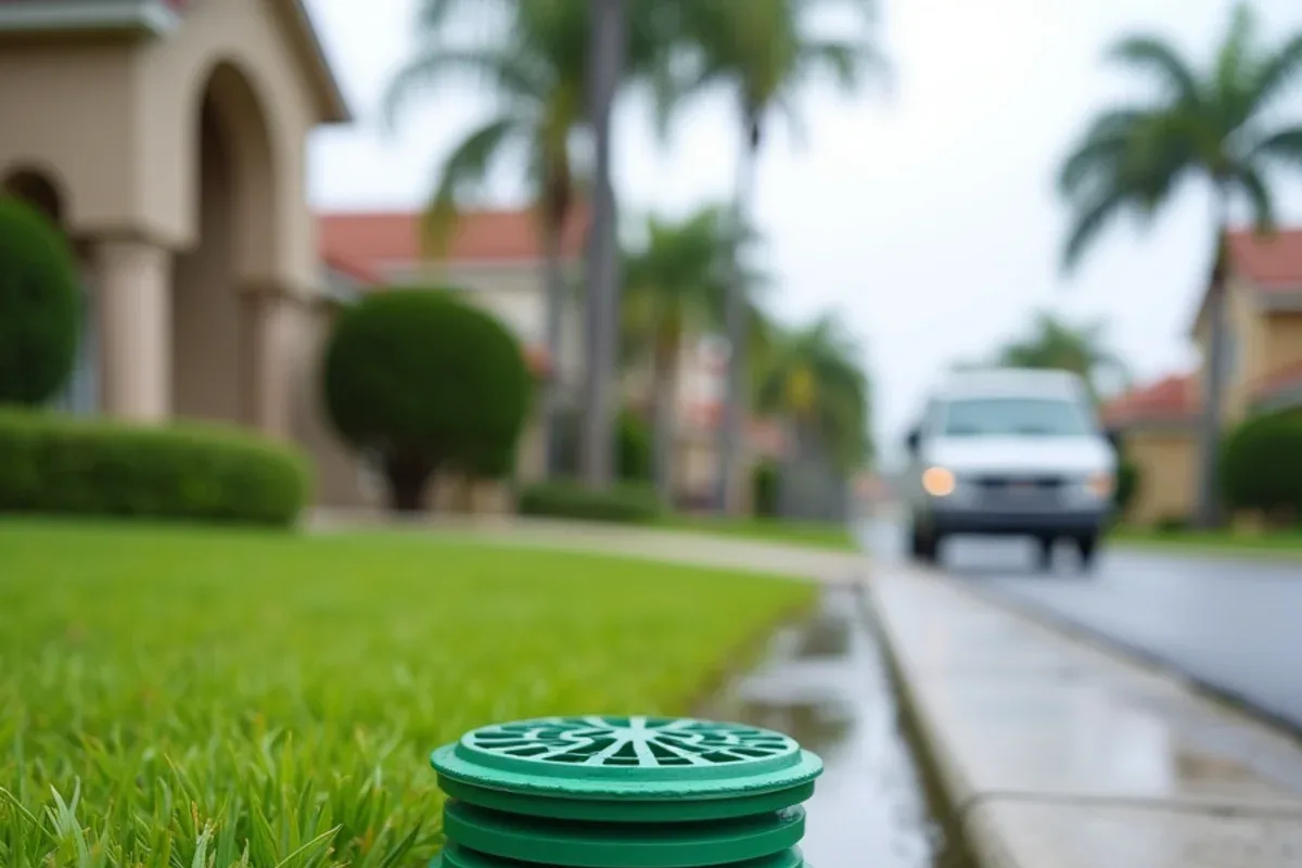 Green pop-up emitter set at a low lawn edge beside a roadside grass swale