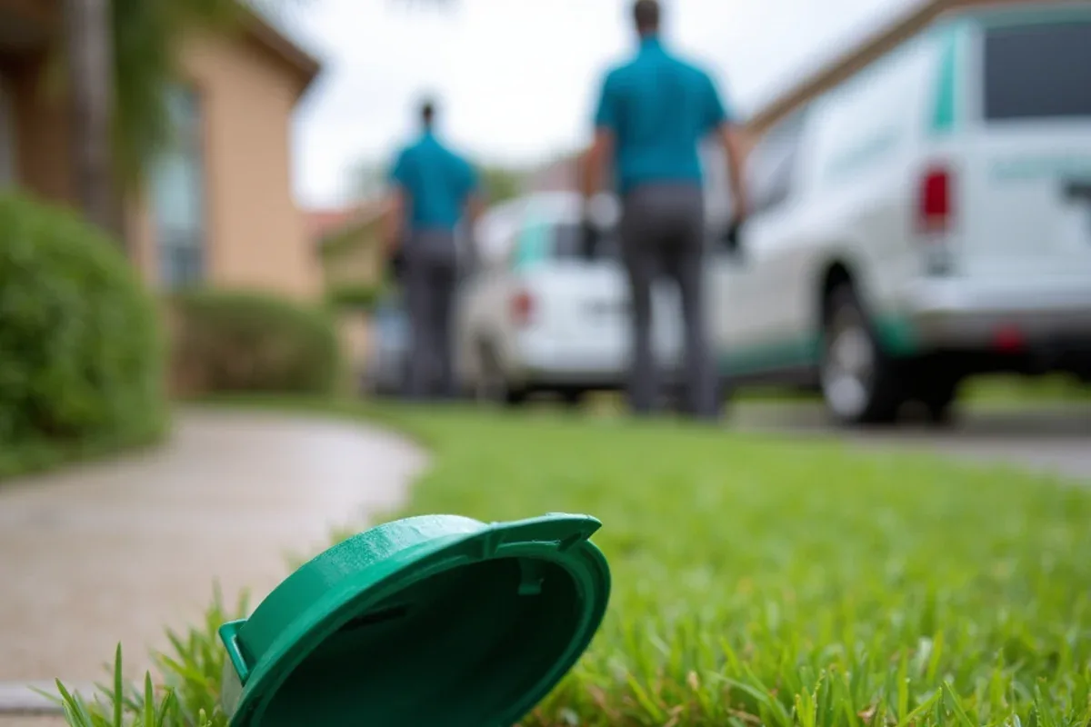 Green pop-up drainage emitter lifted open and releasing water onto a front lawn