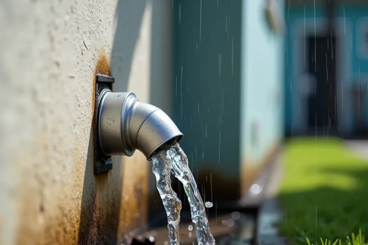 Short downspout elbow spilling roof water directly against a stucco foundation wall