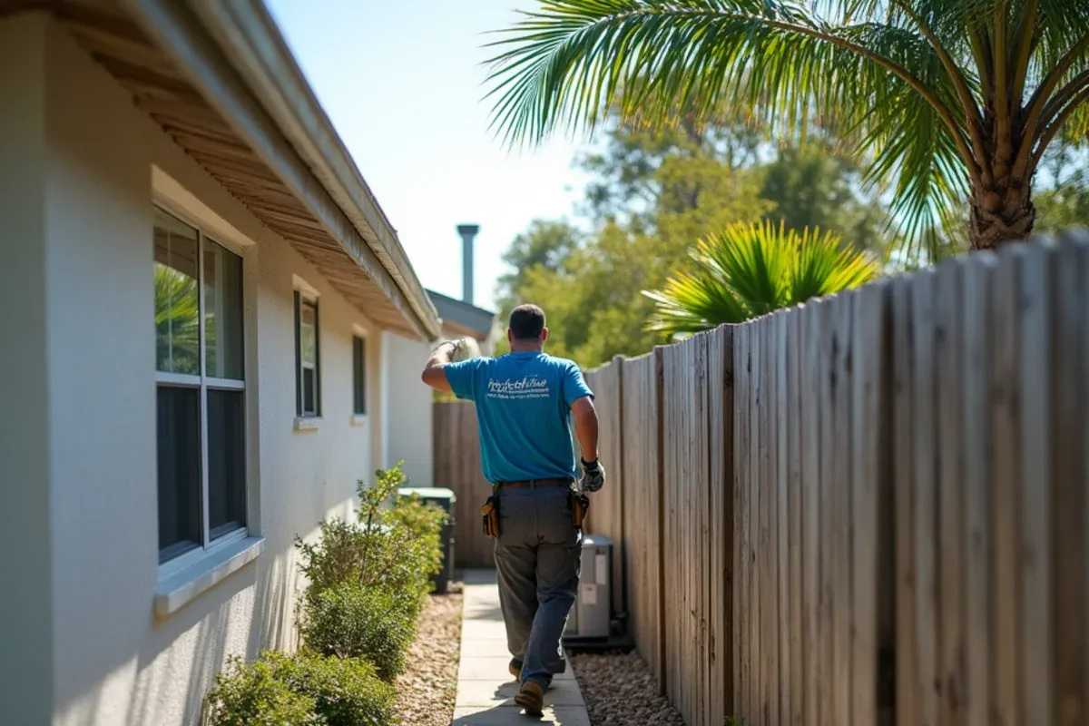 Narrow side yard with a downspout extension angled away from the neighboring house