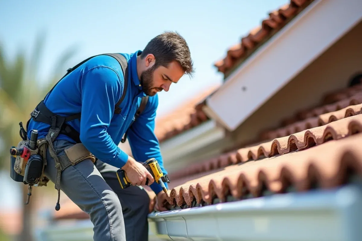 Installer driving a stainless-steel screw through a hidden hanger on a new seamless gutter run