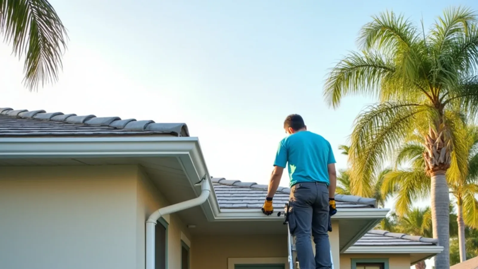 Continuous white seamless aluminum gutter running the full eave of a one-story stucco ranch home