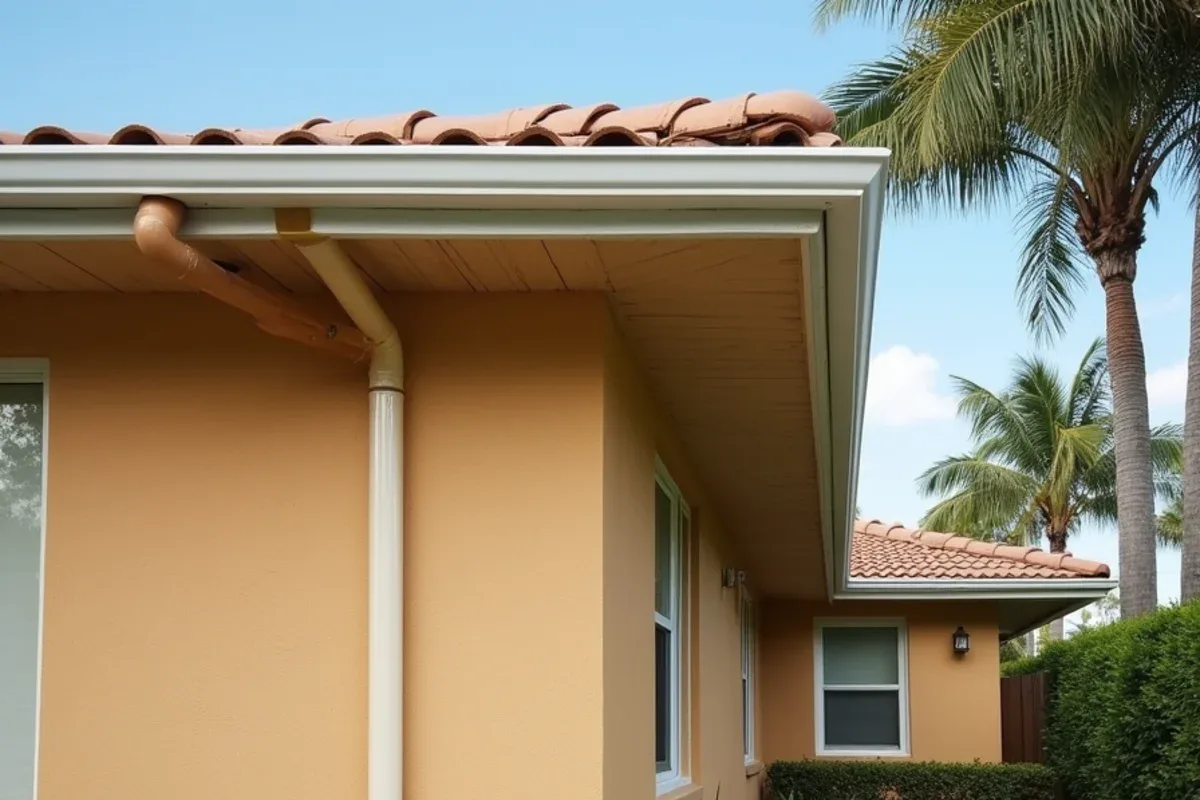 Tan downspout color matched to the stucco wall it runs down on a front elevation