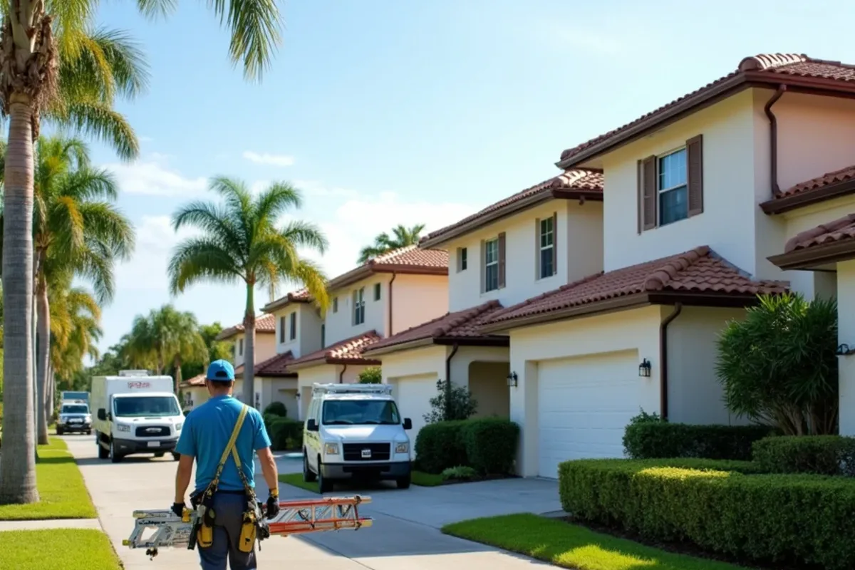Row of gated community homes with uniform bronze gutters and matching downspouts
