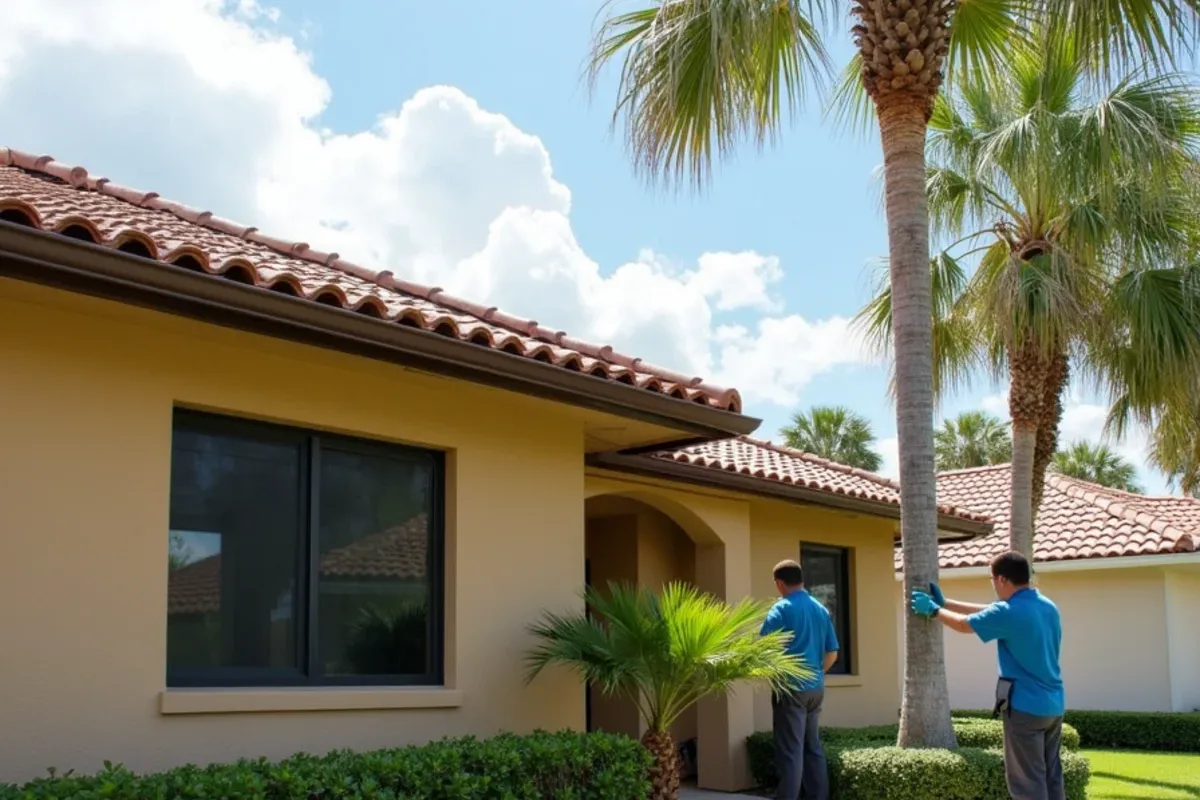 New bronze seamless gutters color matched to window trim on a tan stucco home with an S-tile roof