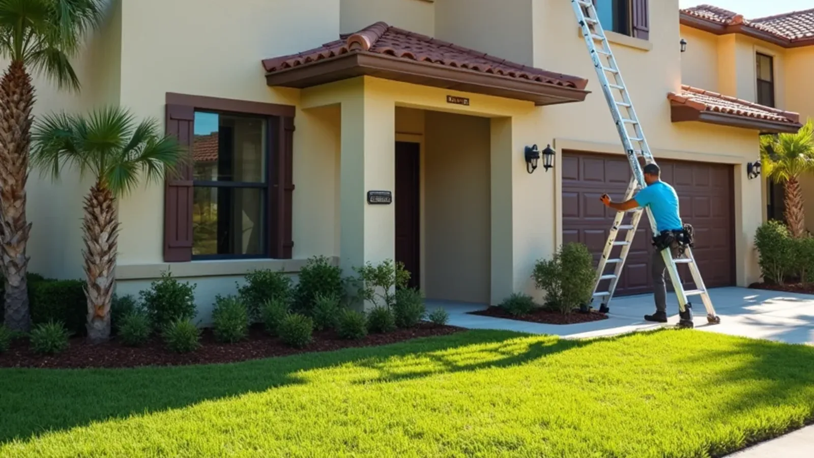 Bronze seamless gutters matched to dark trim on a stucco home in a planned community