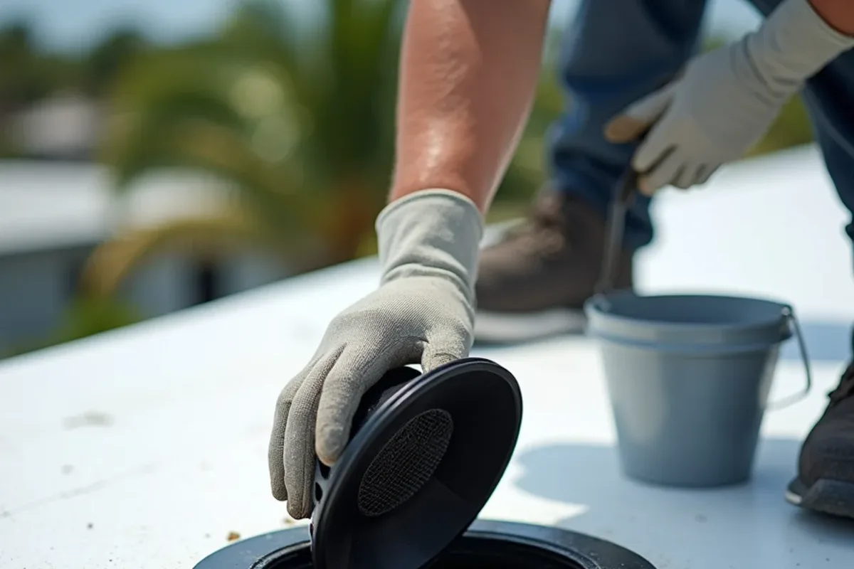 Dome strainer lifted off a flat-roof drain so the drain body can be cleared