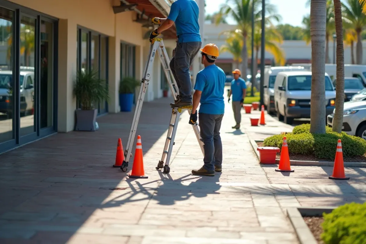 Safety cones and tape on a plaza walkway beneath a crew cleaning the gutter above